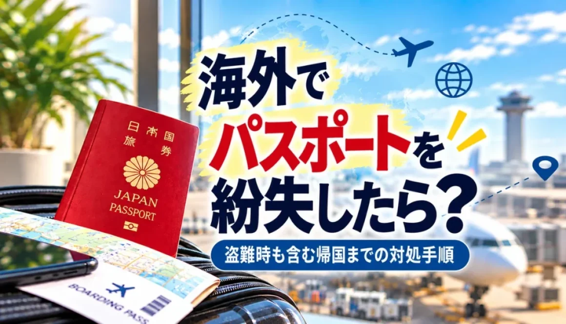 海外でパスポートを紛失したときの帰国までの対処手順を示すアイキャッチ画像